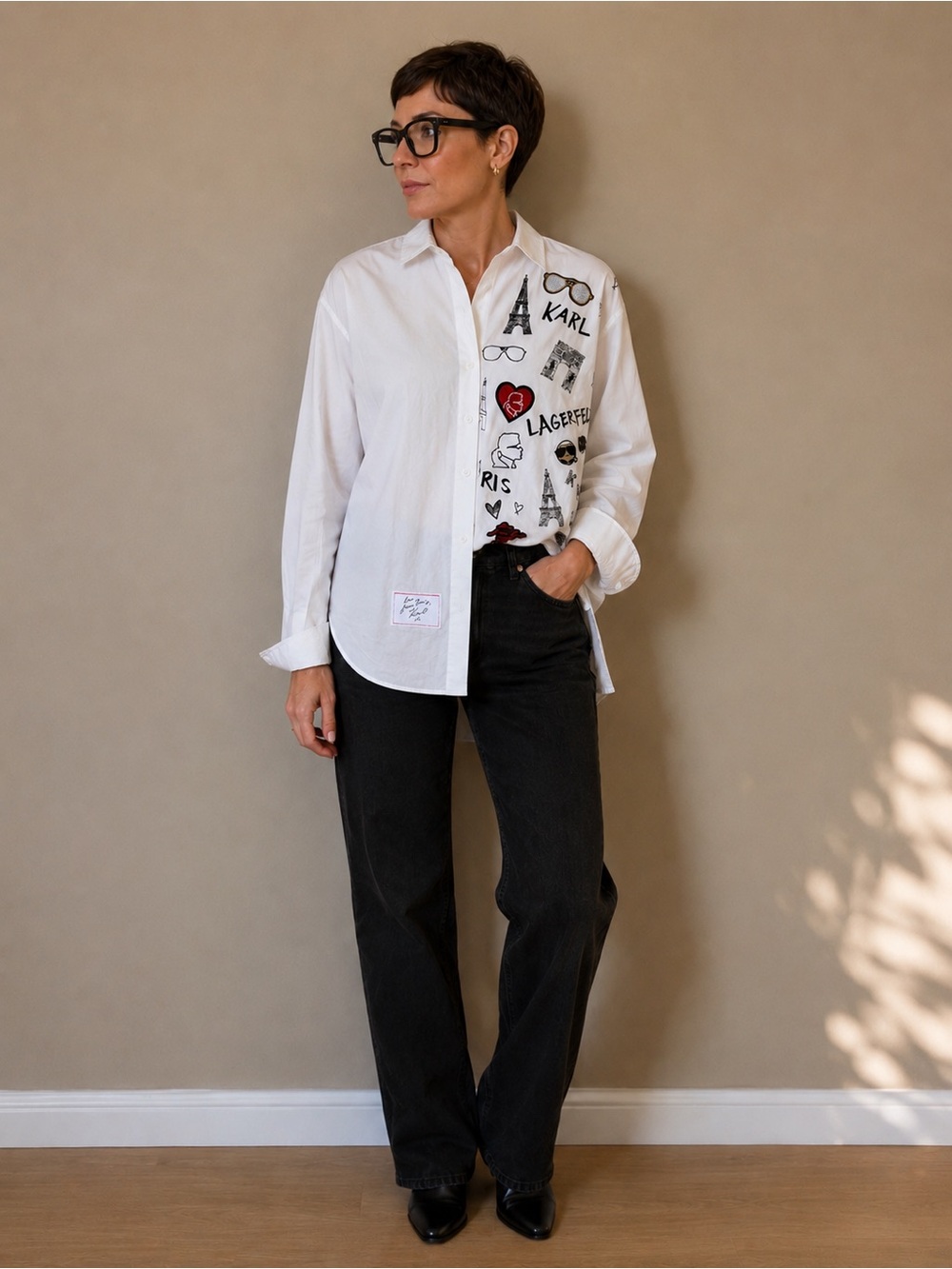 Karl Lagerfeld White Button-Down Shirt with Black and Red Paris Graphics